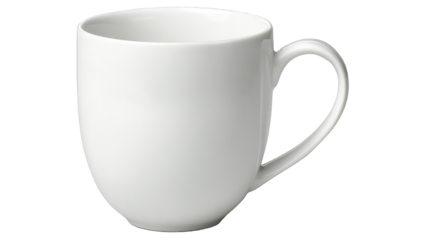 Elegant white ceramic mug with a rounded body and glossy surface.
