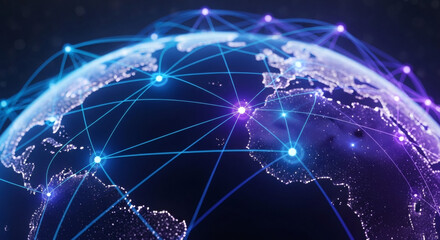 Illuminated earth globe with network connections and glowing nodes in blue and purple hues
