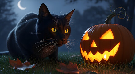 Fototapeta premium Black cat with glowing eyes, illuminated by a lit pumpkin, shiny fur visible, damp grass under moonlight.