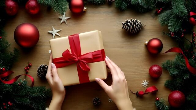 A topdown view of a wooden surface adorned with Christmas decorations. The main subject is a persons hands holding a beige gift box with a red ribbon. The visual attributes include pine branches.