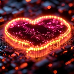 Illuminated heart shape on a circuit board.