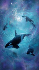 Fototapeta premium Beautiful fantasy scenery and killer whales