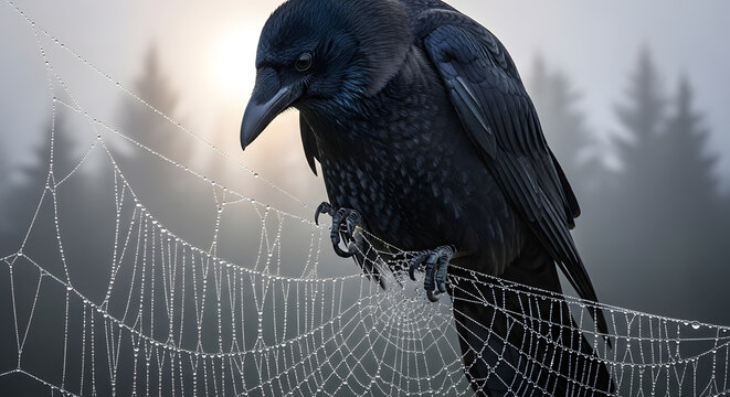 Crow on a spider's web, dew drops glistening, misty forest background, texture of feathers and web in sharp focus.