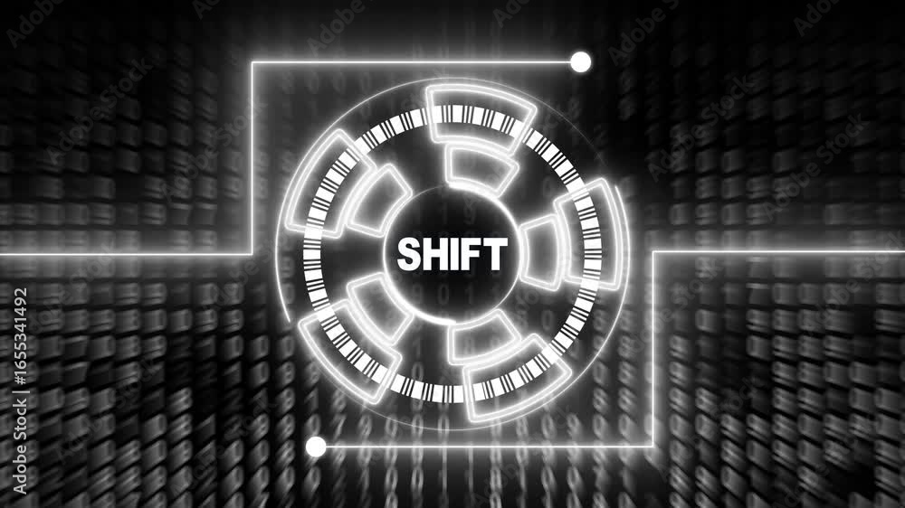 Poster futuristic neon white hud circle with shift text and digital data stream technology