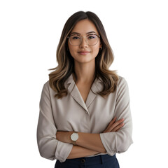 Confident businesswoman with glasses and arms crossed projects professionalism and success in modern business attire.