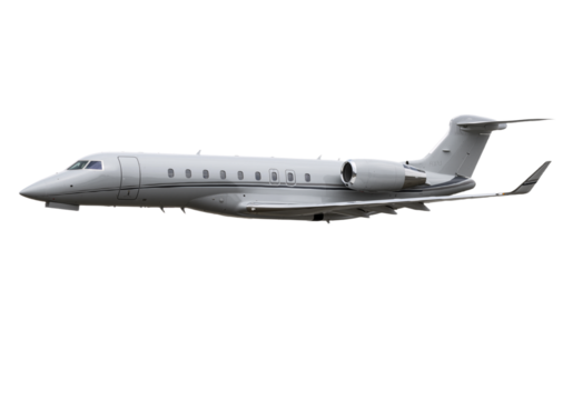 Sleek modern private jet poised for luxurious executive air travel, isolated on a clean transparent background, symbolizing speed and global connectivity.