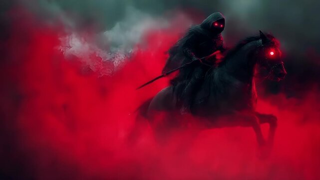A dark, atmospheric digital artwork featuring a cloaked figure riding a horse with glowing red eyes. The figures hood obscures their face, revealing only a glowing red eye.