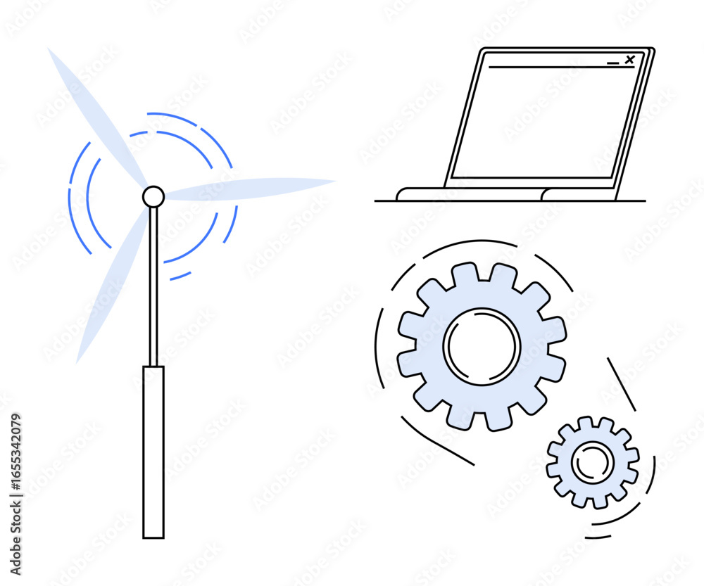 Poster wind turbine generating power, laptop representing digital tools, and machine cogs symbolizing teamw