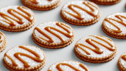 Rows of round, glittering cookies topped with caramel swirls arranged on a light gray surface
