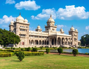 Majestic palace complex with lush gardens under a vibrant blue sky