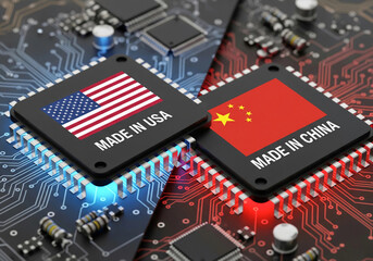 Flag of USA and China on a processor, CPU or GPU microchip on a motherboard. US companies have become the latest collateral damage in US - China tech war. US limits, restricts AI chips sales to China.