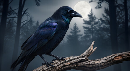 Fototapeta premium Crow perched on a dry branch: iridescent feathers shining in the moonlight, dense forest background, piercing gaze, sense of foreboding.