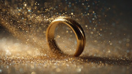 A gold wedding band rests on a bed of shimmering golden particles, appearing to float amidst a sparkling, ethereal dust cloud