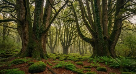 Enchanted Forest: Moss-Covered Trees and Ferns in a Misty, Dreamlike Landscape