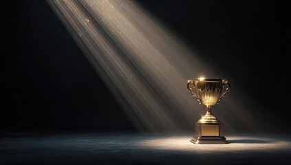 A gleaming gold trophy sits on a dark surface, dramatically illuminated by two beams of light emanating from above, creating a dust-filled atmosphere