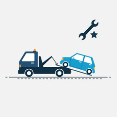 A tow truck is towing a car with a wrench icon above.