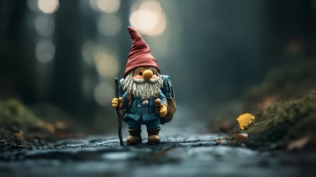 A whimsical, fantasythemed gnome figurine in a forest setting. The gnome is depicted with a walking stick and a backpack, suggesting a journey or adventure. The background is blurred.