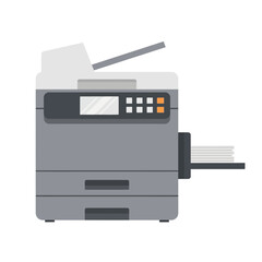 Gray office printer with paper tray and control panel on white background.