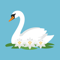 Obraz premium White swan on lily pads illustration against a blue background.