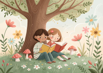 Whimsical Illustration of Two Children in a Playful Scene Created with Bright Colors and a Storybook Aesthetic Perfect for Children s Content