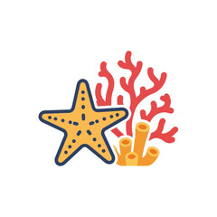 Obraz premium Starfish and coral illustration in orange and red colors on white background.