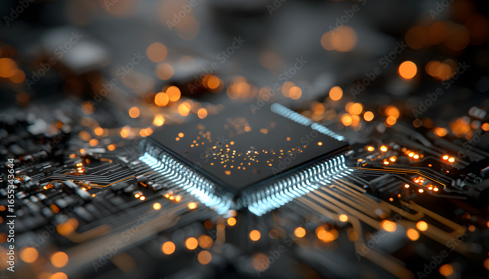 Poster close-up digital illustration of glowing blue microchip with intricate circuitry, orange lights. rep