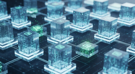 Network of translucent cubes with glowing symbols connected by lines on a dark background