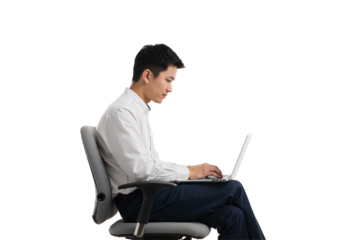 Side view of a young Asian man in formal wear sitting with poor posture while working on a laptop, isolated on a transparent background.