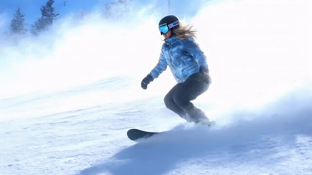 A snowboarder in action on a snowy slope, captured in a dynamic pose. The person is wearing a blue jacket, black pants, and a helmet, and is snowboarding down a snowy hill.