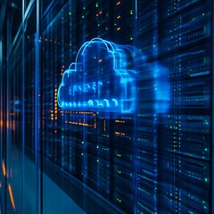Obraz premium Illuminated cloud icon displayed against a server rack background.