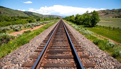 Fototapeta premium Railroad tracks stretching through a verdant landscape.