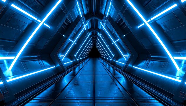 A futuristic tunnel with vibrant, deep blue neon lights illuminating the metallic, triangular architecture.