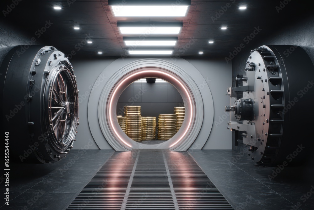 Poster a futuristic bank vault glowing with blockchain technology, casting a bright light from the tunnel i