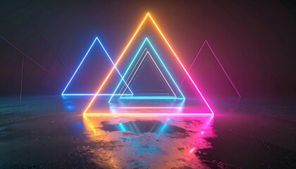 A vibrant neon triangle design illuminating a dark, reflective floor.