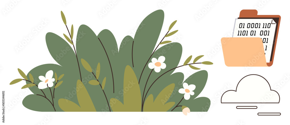 Poster lush green plants and flowers beside a folder containing binary data and a minimal cloud. ideal for 