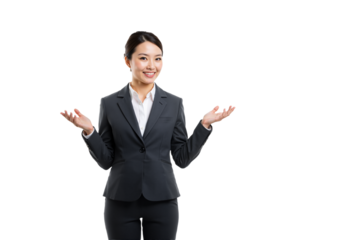 A confident and welcoming Asian business professional, gesturing with open hands, ready for a presentation or an engaging interaction.