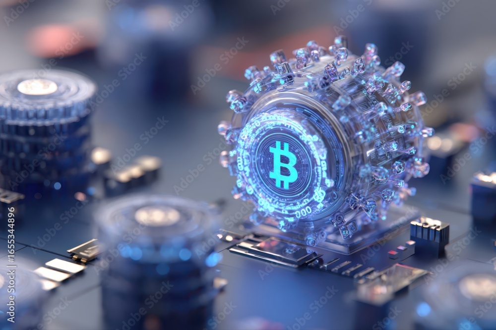 Poster a bitcoin is surrounded by many other bitcoins in a futuristic bank vault glowing with blockchain te