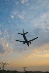 Passenger airplane landing at sunset sky