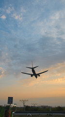 Passenger airplane landing at sunset sky