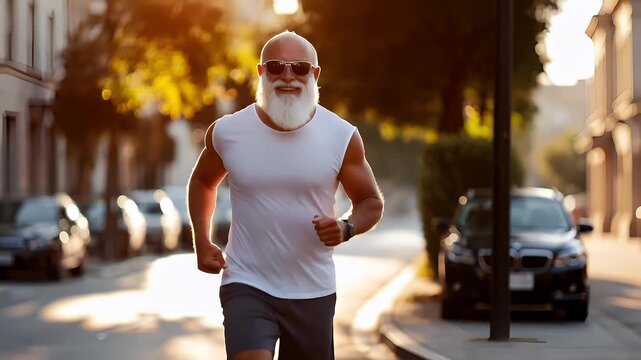 Senior fit healthy male jogging. A man with a white beard and sunglasses jogging on a city street during the golden hour.