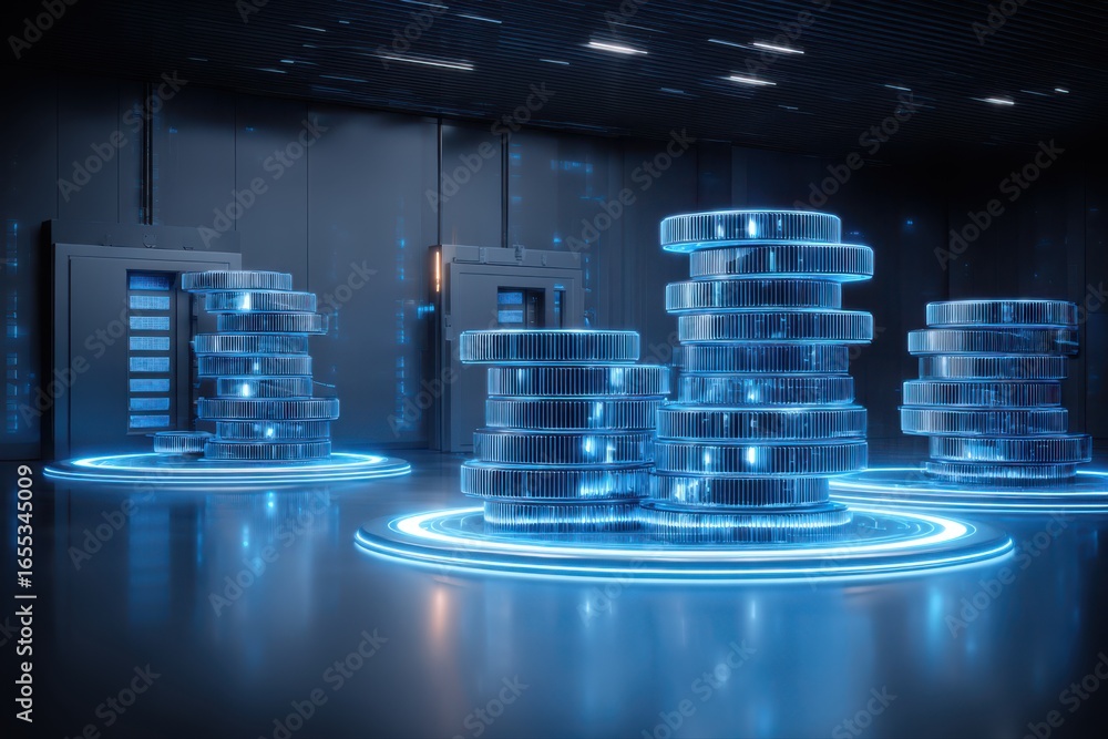 Poster a modern and futuristic bank vault illuminated with blue lights, creating a high-tech and secure atm