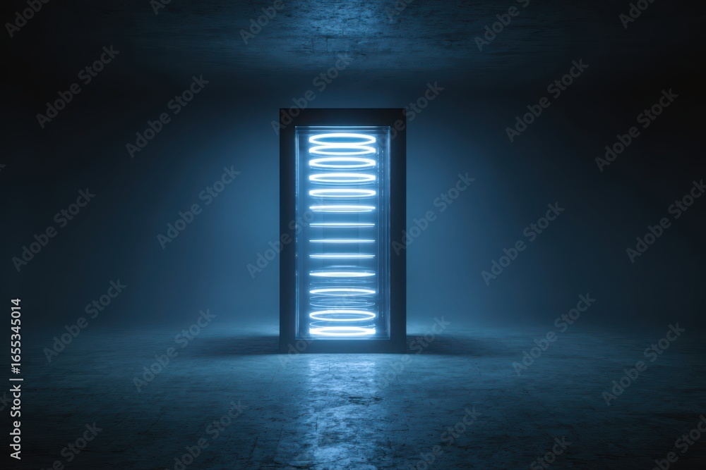 Poster an image of a futuristic bank vault glowing with blockchain technology. the vault door has the word 
