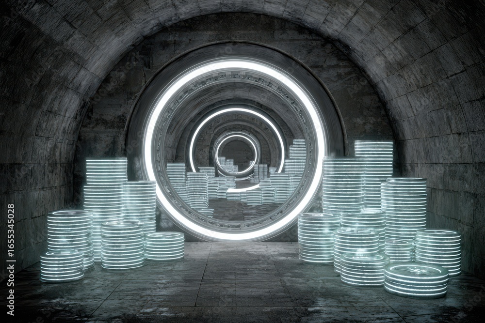 Poster a futuristic bank vault glowing with blockchain technology, illuminating a tunnel with a light at th