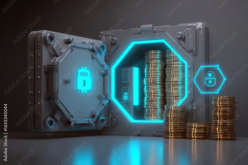 Poster a futuristic bank vault glowing with blockchain technology, showcasing a secure safe filled with coi