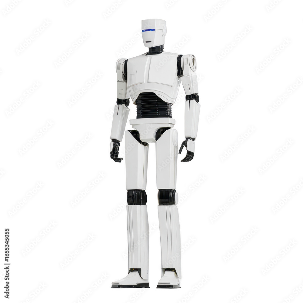 Poster white humanoid robot standing upright futuristic design artificial intelligence advanced technology 