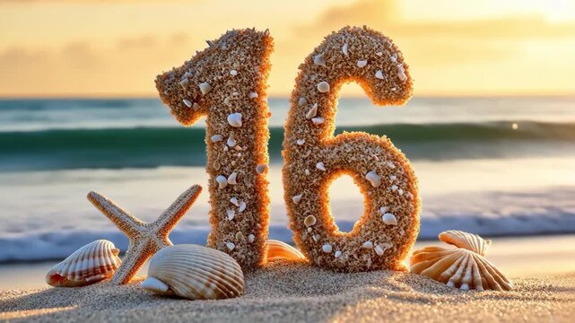 Sweet Sixteen beach theme. Number 16 made of sand and shells on a sandy beach.