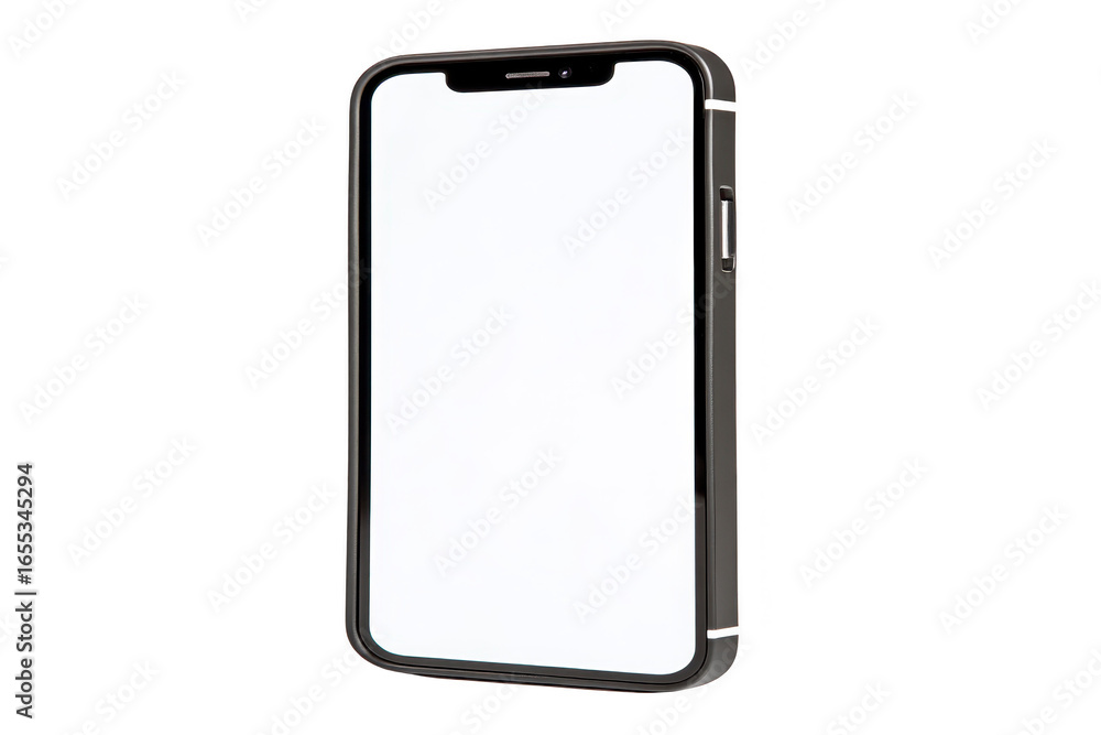 Poster Smartphone with blank white screen modern black mobile device isolated on transparent background angled view technology concept minimal design digital communication copy space
