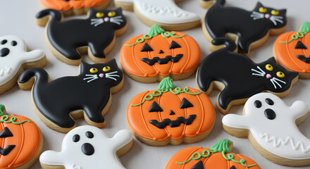 Halloween decorated cookies: shapes of black cats, pumpkins, ghosts, vibrant colored icing, detailed dough texture, neutral background to highlight the colors.
