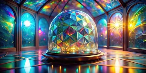 A luminous geodesic dome rests on a reflective surface within a vibrant stained-glass pavilion