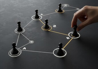 Strategic pawn placement on interconnected network, hand moving piece, dark background